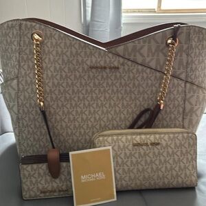 Michael Kors Cream and Brown Designer Tote with Gold Accents